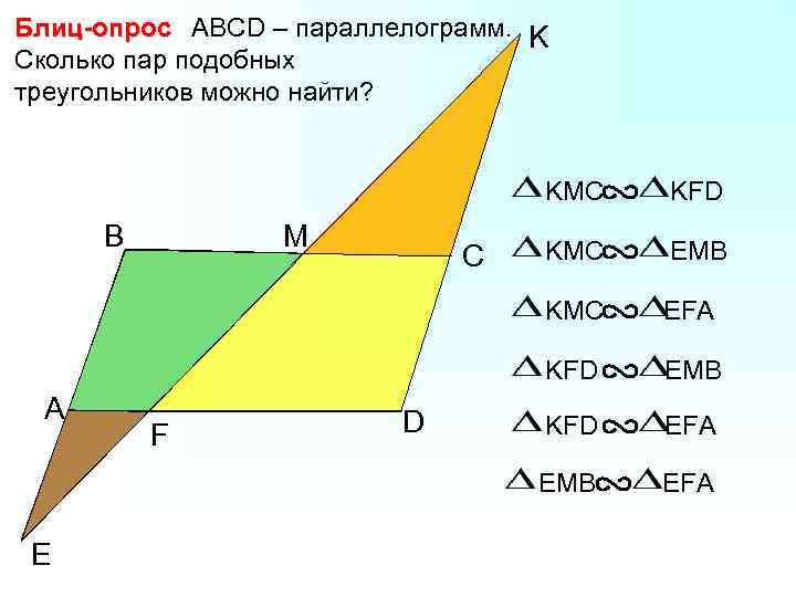Блиц-опрос АВСD – параллелограмм. K Сколько пар подобных треугольников можно найти? KMC E F