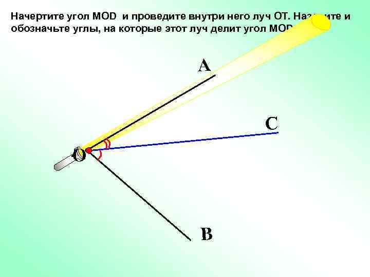 Начертите угол МОD и проведите внутри него луч ОТ. Назовите и обозначьте углы, на