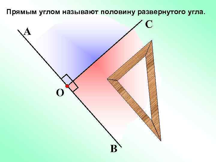 Прямым углом называют половину развернутого угла. С А О В 