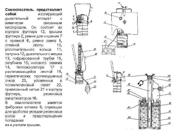 Самоспасатель представляет собой изолирующий дыхательный аппарат с химически связанным кислородом. Он состоит из корпуса