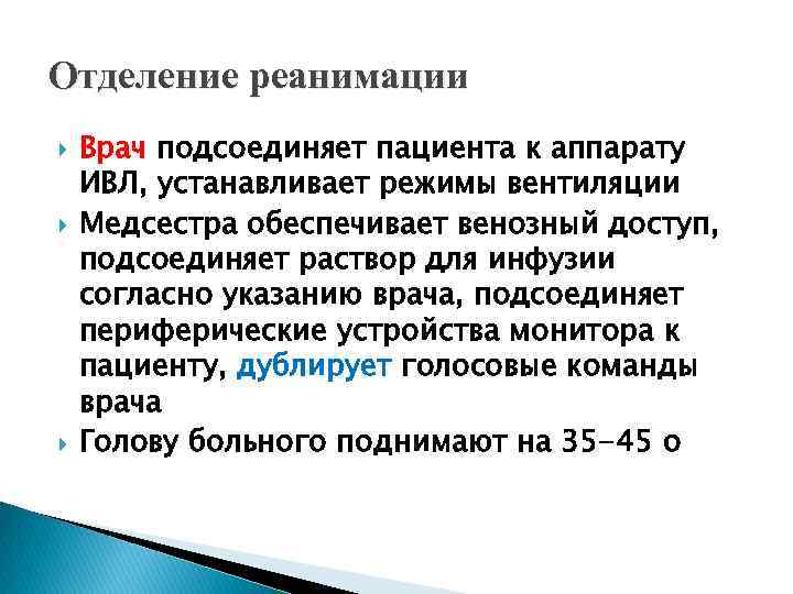 Отделение реанимации Врач подсоединяет пациента к аппарату ИВЛ, устанавливает режимы вентиляции Медсестра обеспечивает венозный