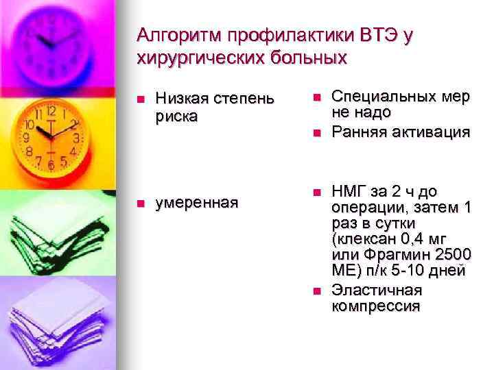 Алгоритм профилактики ВТЭ у хирургических больных n Низкая степень риска n n n умеренная