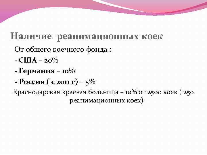 Наличие реанимационных коек От общего коечного фонда : - США – 20% - Германия
