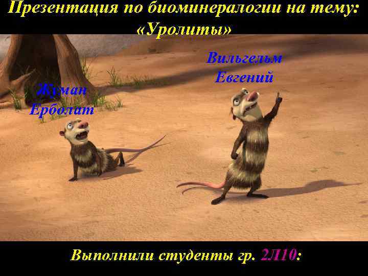 Презентация по биоминералогии на тему: «Уролиты» Жуман Ерболат Вильгельм Евгений Выполнили студенты гр. 2