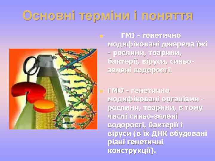 Основні терміни і поняття n n ГМІ - генетично модифіковані джерела їжі - рослини,