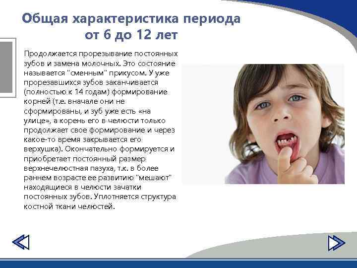 Общая характеристика периода от 6 до 12 лет Продолжается прорезывание постоянных зубов и замена