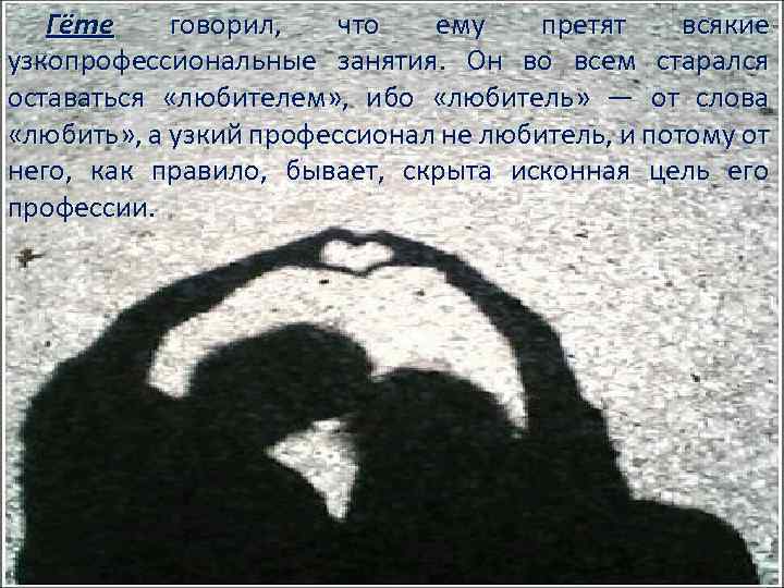 Гёте говорил, что ему претят всякие узкопрофессиональные занятия. Он во всем старался оставаться «любителем»