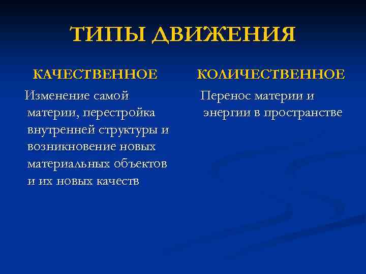ТИПЫ ДВИЖЕНИЯ КАЧЕСТВЕННОЕ Изменение самой материи, перестройка внутренней структуры и возникновение новых материальных объектов