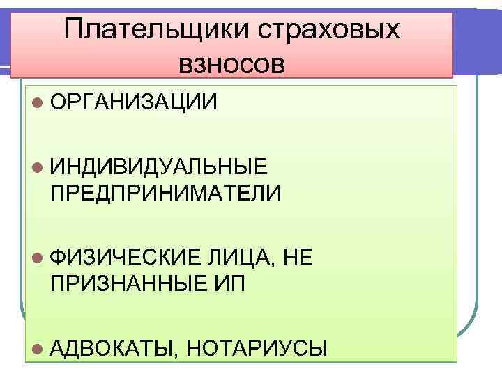 Плательщики страховых взносов l ОРГАНИЗАЦИИ l ИНДИВИДУАЛЬНЫЕ ПРЕДПРИНИМАТЕЛИ l ФИЗИЧЕСКИЕ ЛИЦА, НЕ ПРИЗНАННЫЕ ИП