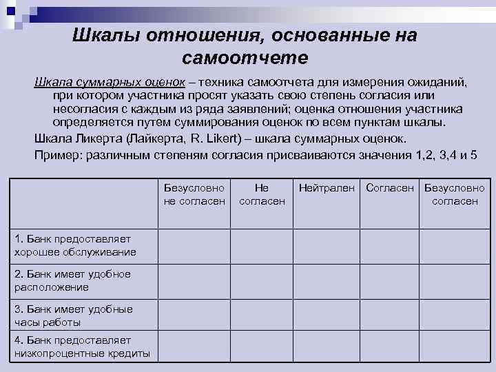 Шкалы отношения, основанные на самоотчете Шкала суммарных оценок – техника самоотчета для измерения ожиданий,