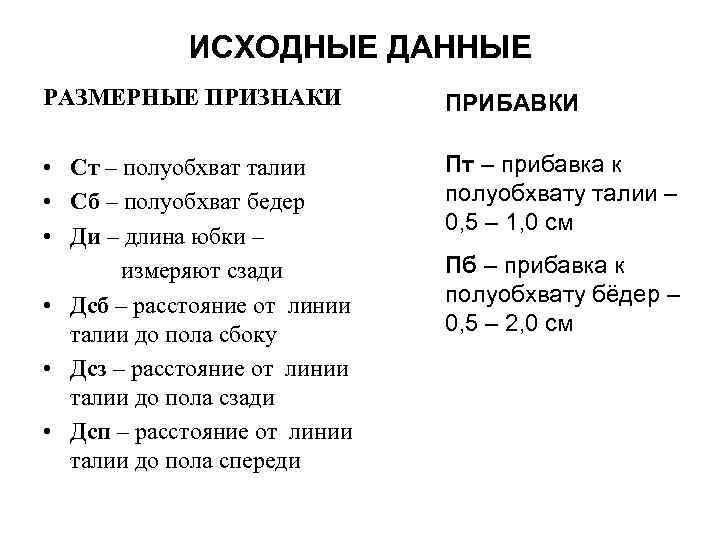 ИСХОДНЫЕ ДАННЫЕ РАЗМЕРНЫЕ ПРИЗНАКИ ПРИБАВКИ • Ст – полуобхват талии • Сб – полуобхват