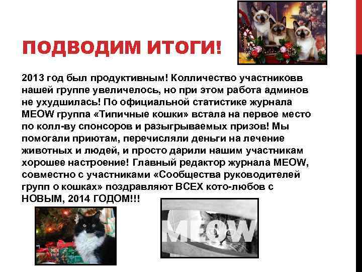 ПОДВОДИМ ИТОГИ! 2013 год был продуктивным! Колличество участниковв нашей группе увеличелось, но при этом