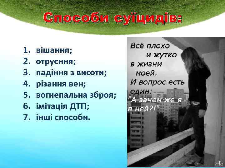 Способи суїцидів: 1. 2. 3. 4. 5. 6. 7. вішання; отруєння; падіння з висоти;