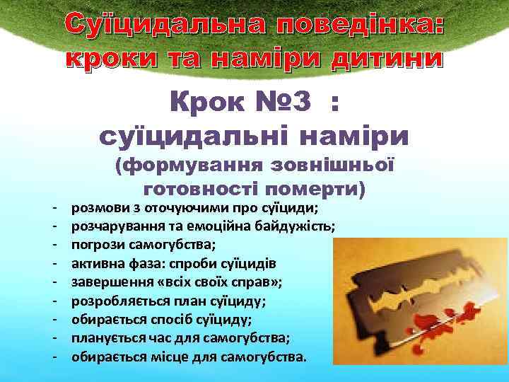 Суїцидальна поведінка: кроки та наміри дитини Крок № 3 : суїцидальні наміри - (формування