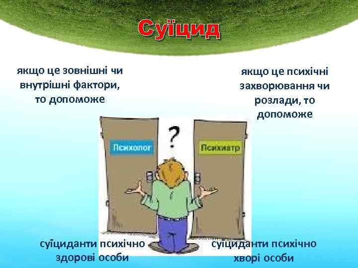 Суїцид якщо це зовнішні чи внутрішні фактори, то допоможе суїциданти психічно здорові особи якщо
