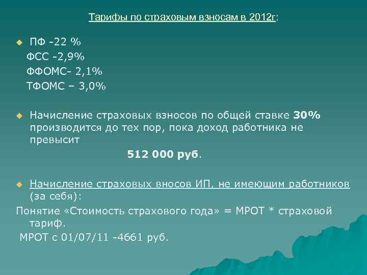 Тарифы по страховым взносам в 2012 г: ПФ -22 % ФСС -2, 9% ФФОМС-