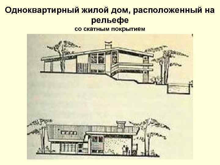 Одноквартирный жилой дом, расположенный на рельефе со скатным покрытием 