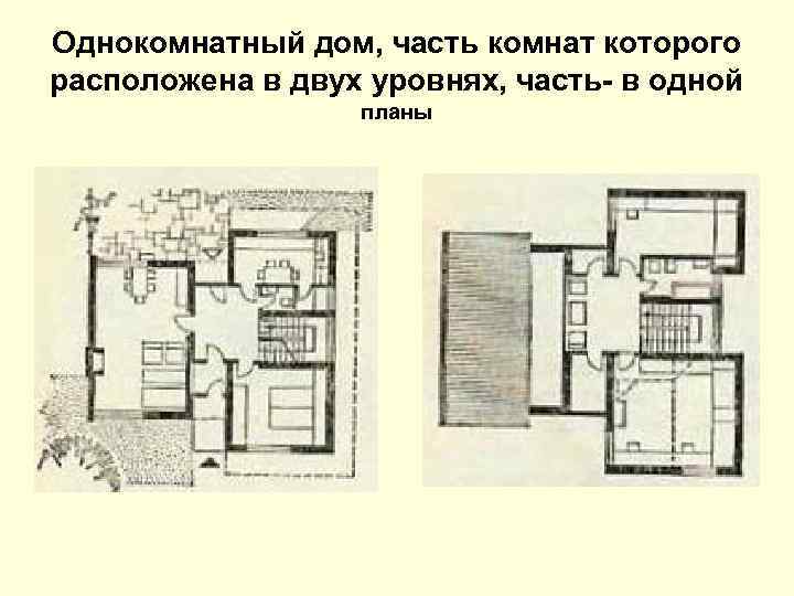 Однокомнатный дом, часть комнат которого расположена в двух уровнях, часть- в одной планы 