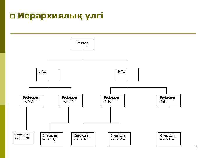 p Иерархиялық үлгі Ректор ИСФ Кафедра ТСМИ Специальность ПСК ИТФ Кафедра ТСПи. А Специальность