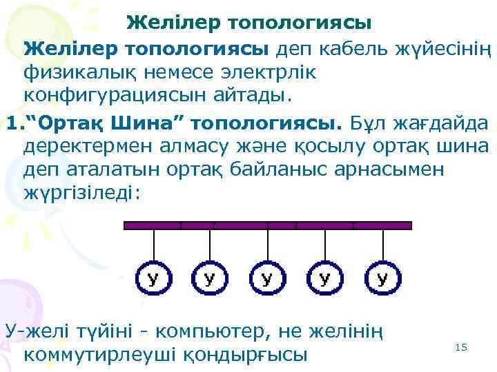 Желілер топологиясы деп кабель жүйесінің физикалық немесе электрлік конфигурациясын айтады. 1. “Ортақ Шина” топологиясы.