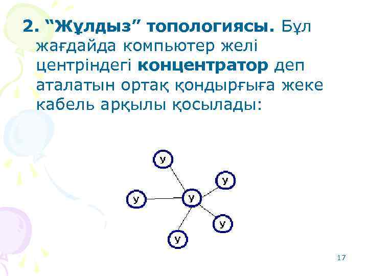 2. “Жұлдыз” топологиясы. Бұл жағдайда компьютер желі центріндегі концентратор деп аталатын ортақ қондырғыға жеке