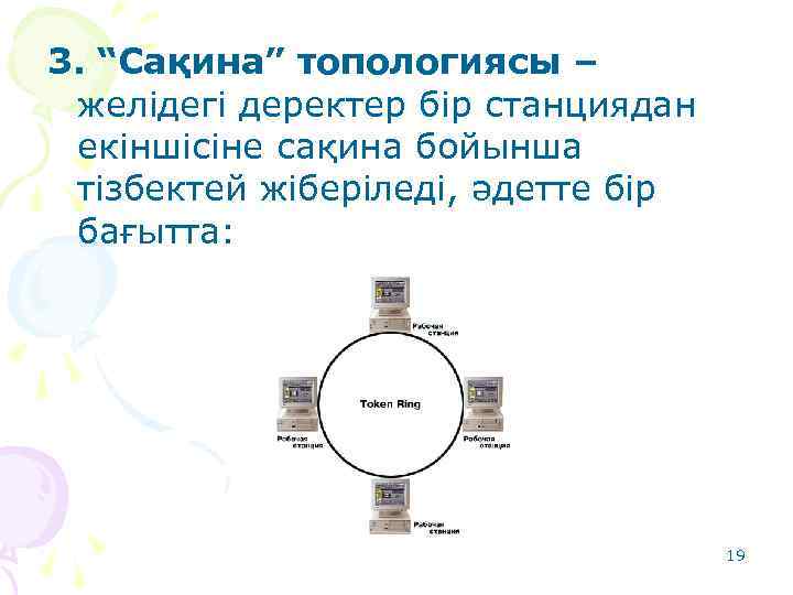 3. “Сақина” топологиясы – желідегі деректер бір станциядан екіншісіне сақина бойынша тізбектей жіберіледі, әдетте