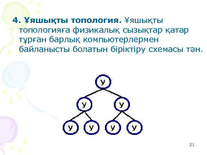 4. Ұяшықты топологияға физикалық сызықтар қатар тұрған барлық компьютерлермен байланысты болатын біріктіру схемасы тән.