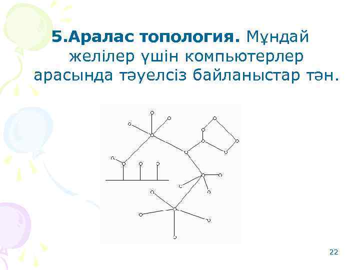 5. Аралас топология. Мұндай желілер үшін компьютерлер арасында тәуелсіз байланыстар тән. 22 