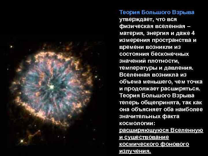 Теория Большого Взрыва утверждает, что вся физическая вселенная – материя, энергия и даже 4