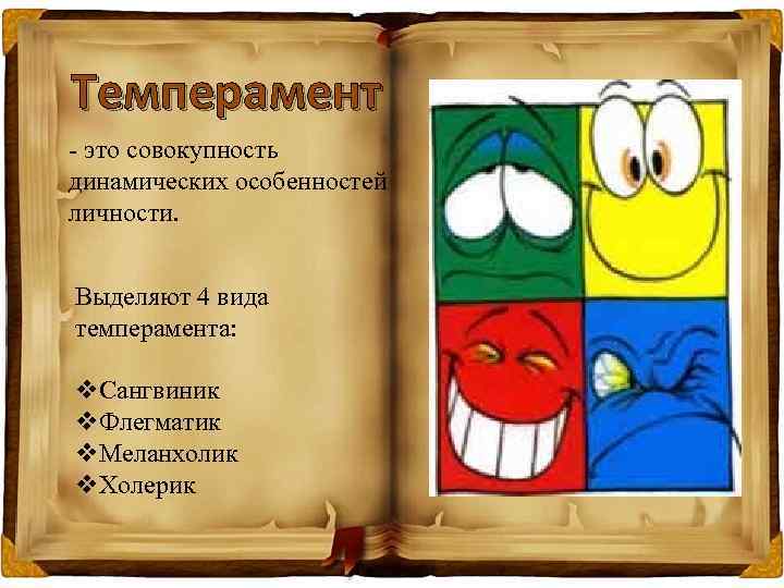 Темперамент - это совокупность динамических особенностей личности. Выделяют 4 вида темперамента: v. Сангвиник v.