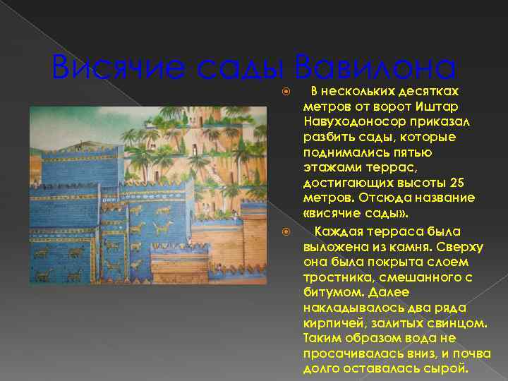 Висячие сады Вавилона В нескольких десятках метров от ворот Иштар Навуходоносор приказал разбить сады,