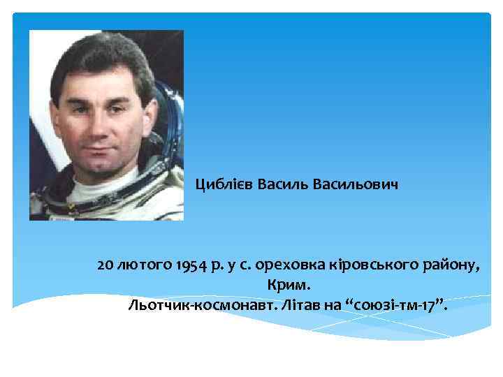 Циблієв Васильович 20 лютого 1954 р. у с. ореховка кіровського району, Крим. Льотчик-космонавт. Літав