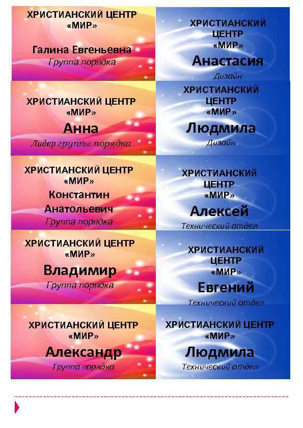 ХРИСТИАНСКИЙ ЦЕНТР «МИР» Галина Евгеньевна Группа порядка ХРИСТИАНСКИЙ ЦЕНТР «МИР» Анастасия Дизайн ХРИСТИАНСКИЙ ЦЕНТР