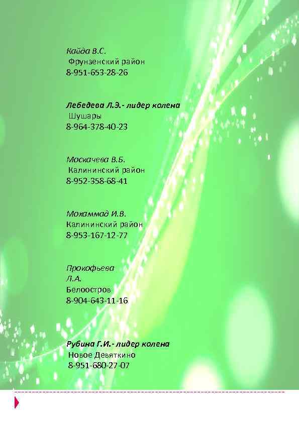 Кайда В. С. Фрунзенский район 8 -951 -653 -28 -26 Лебедева Л. Э. -