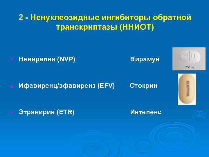 2 - Ненуклеозидные ингибиторы обратной транскриптазы (ННИОТ) § Невирапин (NVP) Вирамун § Ифавиренц/эфавиренз (EFV)