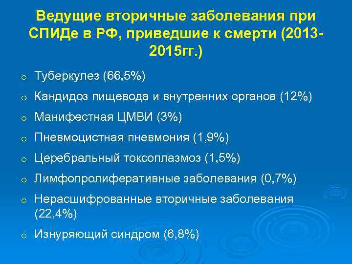 Ведущие вторичные заболевания при СПИДе в РФ, приведшие к смерти (20132015 гг. ) o