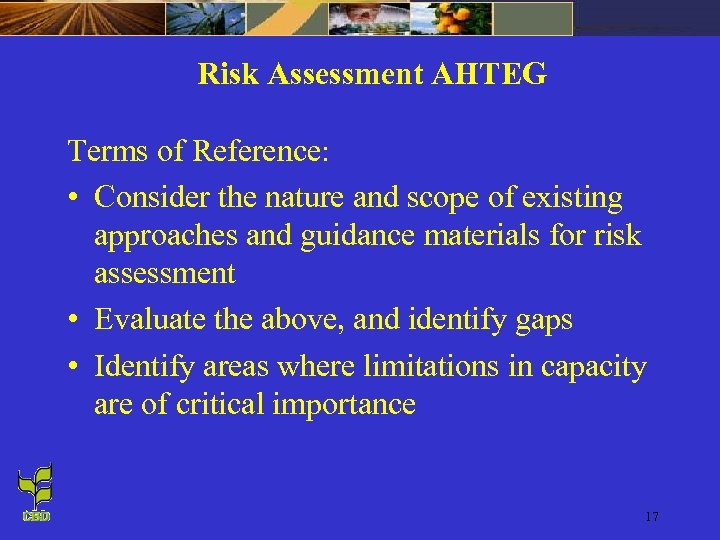 Risk Assessment AHTEG Terms of Reference: • Consider the nature and scope of existing