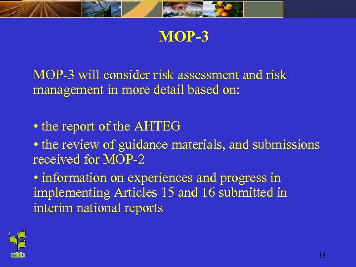 MOP-3 will consider risk assessment and risk management in more detail based on: •