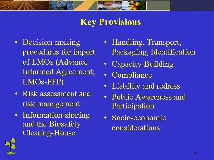 Key Provisions • Decision-making procedures for import of LMOs (Advance Informed Agreement; LMOs-FFP) •