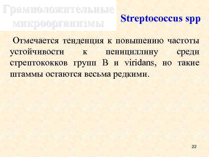 Грамположительные Streptococcus spp микроорганизмы Отмечается тенденция к повышению частоты устойчивости к пенициллину среди стрептококков
