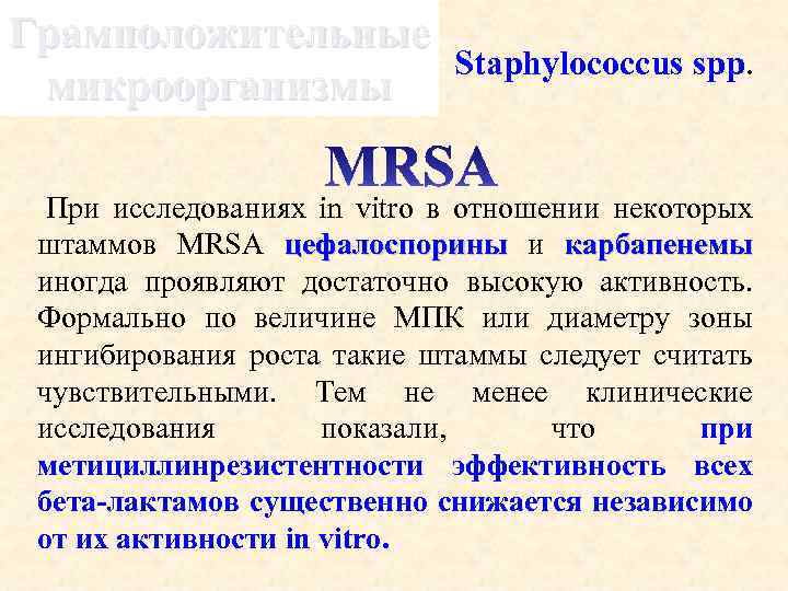Грамположительные микроорганизмы Staphylococcus spp. При исследованиях in vitro в отношении некоторых штаммов MRSA цефалоспорины