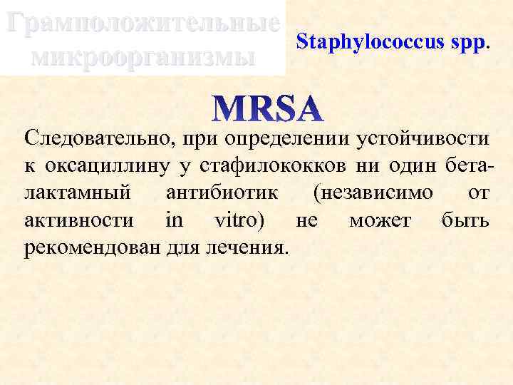 Грамположительные микроорганизмы Staphylococcus spp. Следовательно, при определении устойчивости к оксациллину у стафилококков ни один