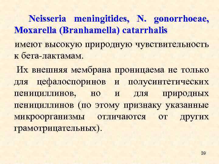  Neisseria meningitides, N. gonorrhoeae, Moxarella (Branhamella) catarrhalis имеют высокую природную чувствительность к бета-лактамам.