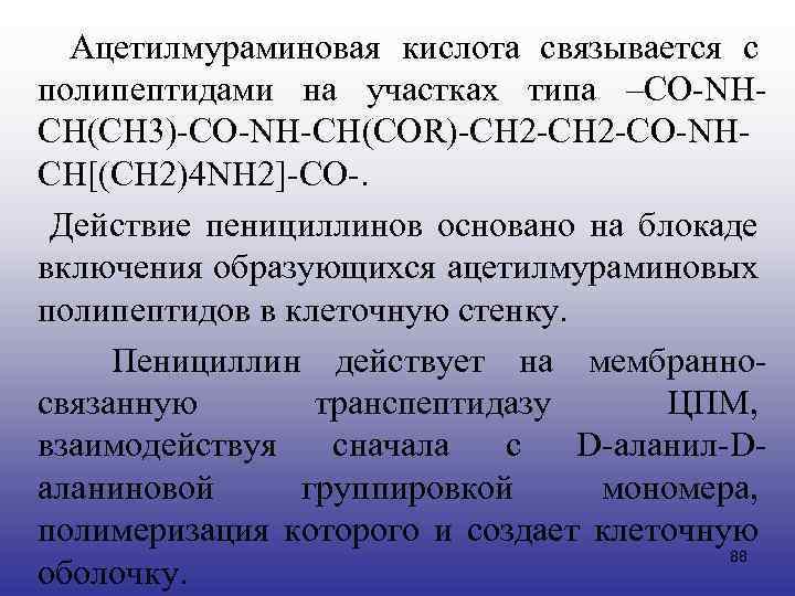  Ацетилмураминовая кислота связывается с полипептидами на участках типа –CO-NHCH(CH 3)-CO-NH-CH(COR)-CH 2 -CO-NHCH[(CH 2)4