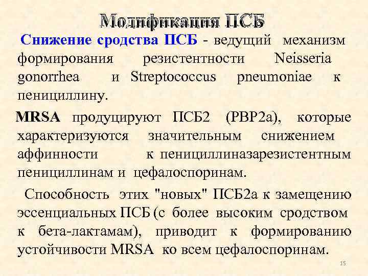 Модификация ПСБ Снижение сродства ПСБ - ведущий механизм формирования резистентности Neisseria gonorrhea и Streptococcus