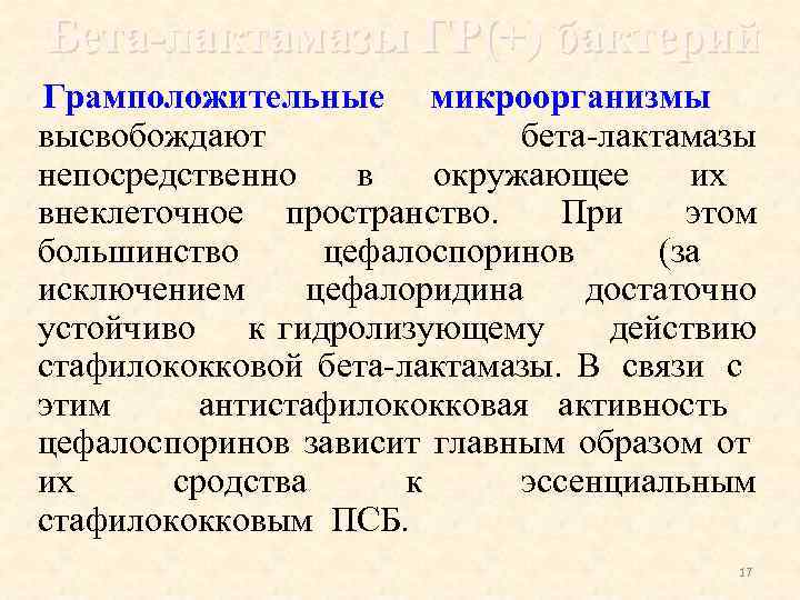 Бета-лактамазы ГР(+) бактерий Грамположительные микроорганизмы высвобождают бета-лактамазы непосредственно в окружающее их внеклеточное пространство. При