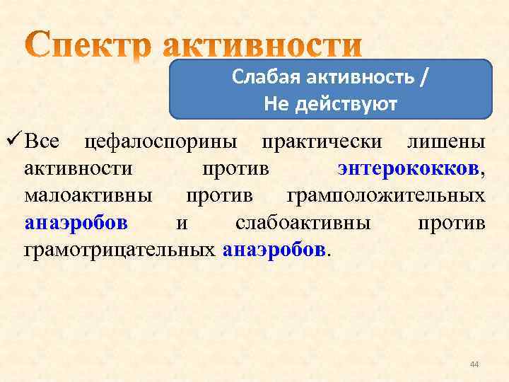 Слабая активность / Не действуют ü Все цефалоспорины практически лишены активности против энтерококков, малоактивны