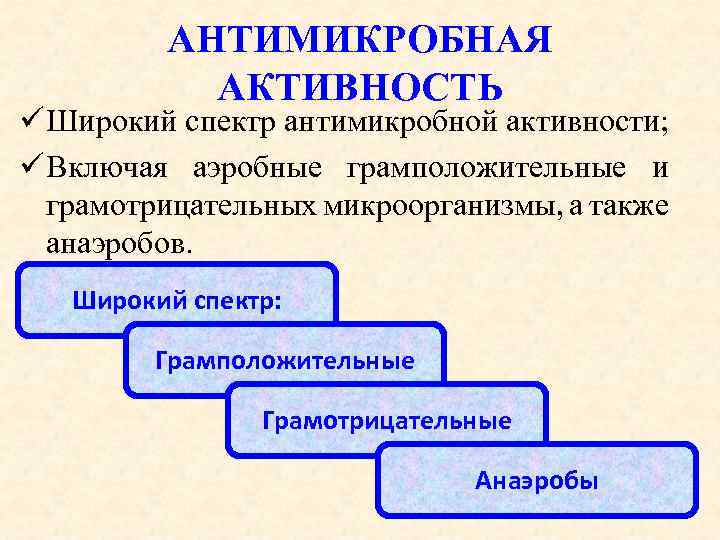 АНТИМИКРОБНАЯ АКТИВНОСТЬ ü Широкий спектр антимикробной активности; ü Включая аэробные грамположительные и грамотрицательных микроорганизмы,