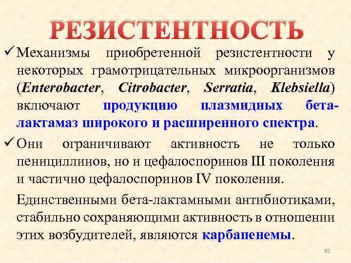 РЕЗИСТЕНТНОСТЬ ü Механизмы приобретенной резистентности у некоторых грамотрицательных микроорганизмов (Enterobacter, Citrobacter, Serratia, Klebsiella) включают