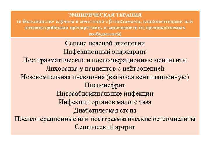 ЭМПИРИЧЕСКАЯ ТЕРАПИЯ (в большинстве случаев в сочетании с β-лактамами, гликопептидами или антианаэробными препаратами, в